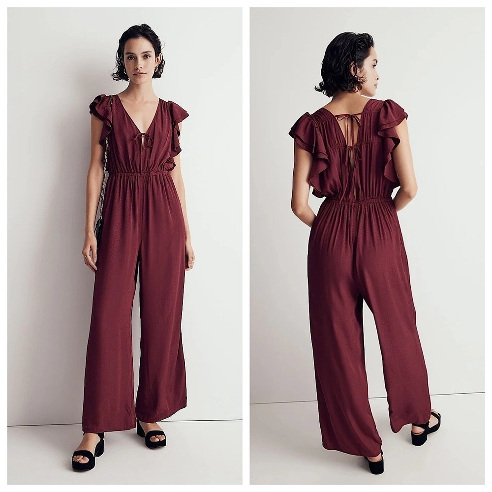 Madewell Ruffle Wide Leg Jumpsuit Womens Sz S Burgundy Clip Dot V-Neck Open Back